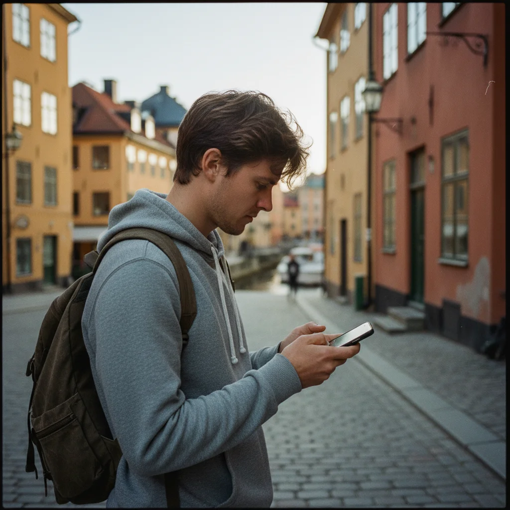 Reisender nutzt Smartphone mit Karte zur Navigation in Schweden