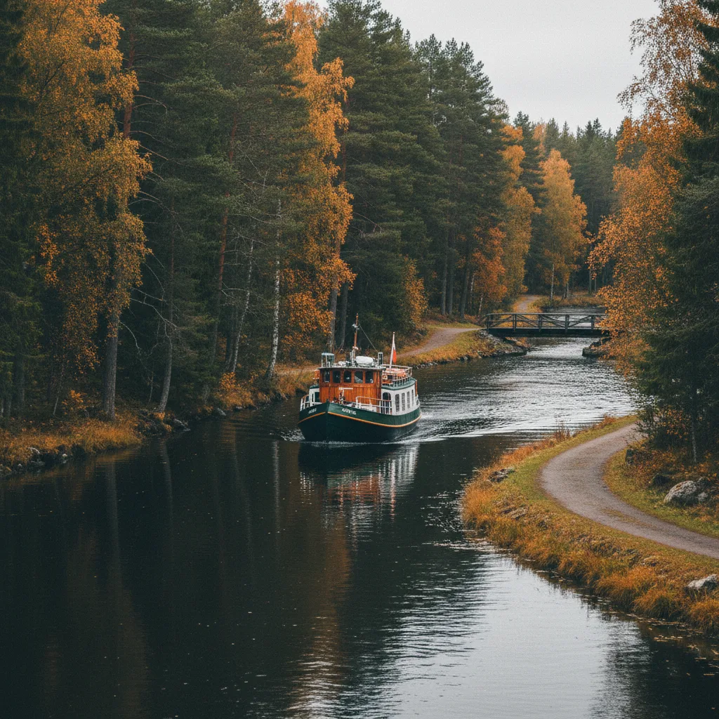 Ein historisches Kanalboot auf dem Telemark-Kanal zwischen bewaldeten Ufern