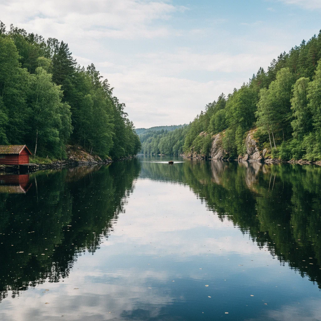 Blick über den Telemark-Kanal mit grünen Wäldern und spiegelglattem Wasser