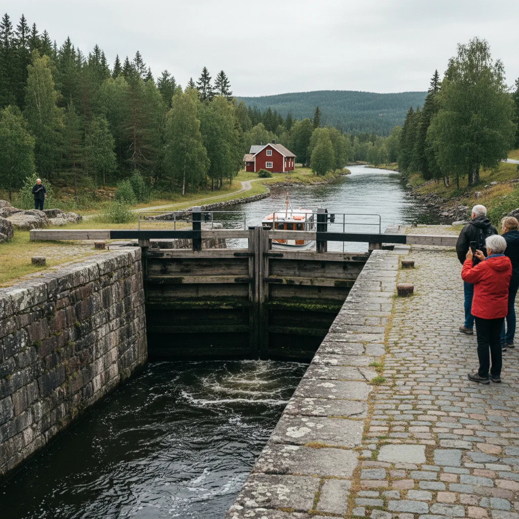 Eine historische Schleuse am Telemark-Kanal mit Holztoren