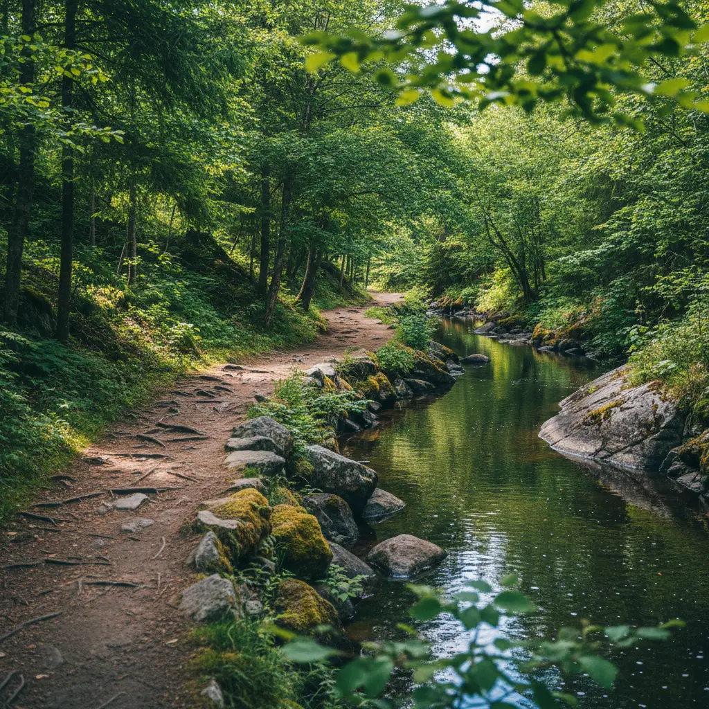 Ein Wanderweg am Ufer des Telemark-Kanals durch grünen Wald