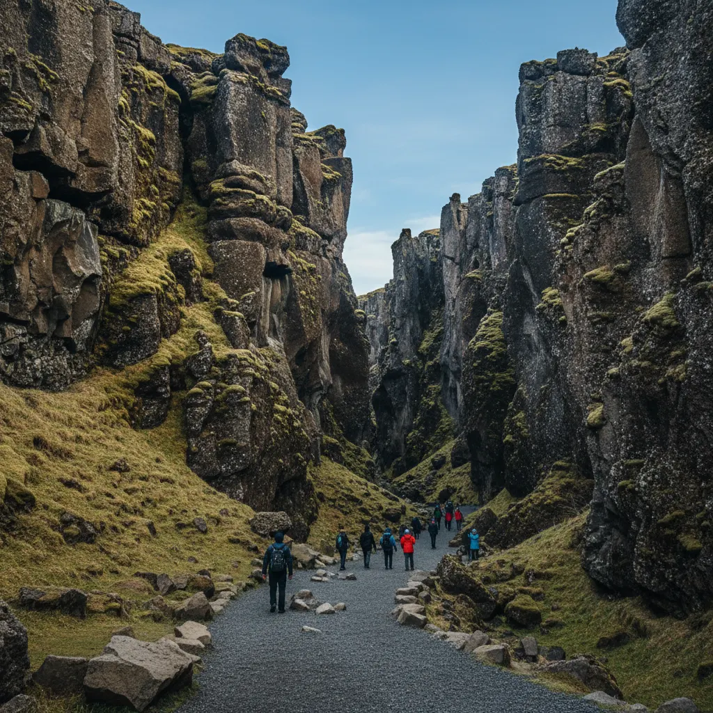 Die Spalte von Þingvellir in Island mit Besucherpfad zwischen den Kontinentalplatten