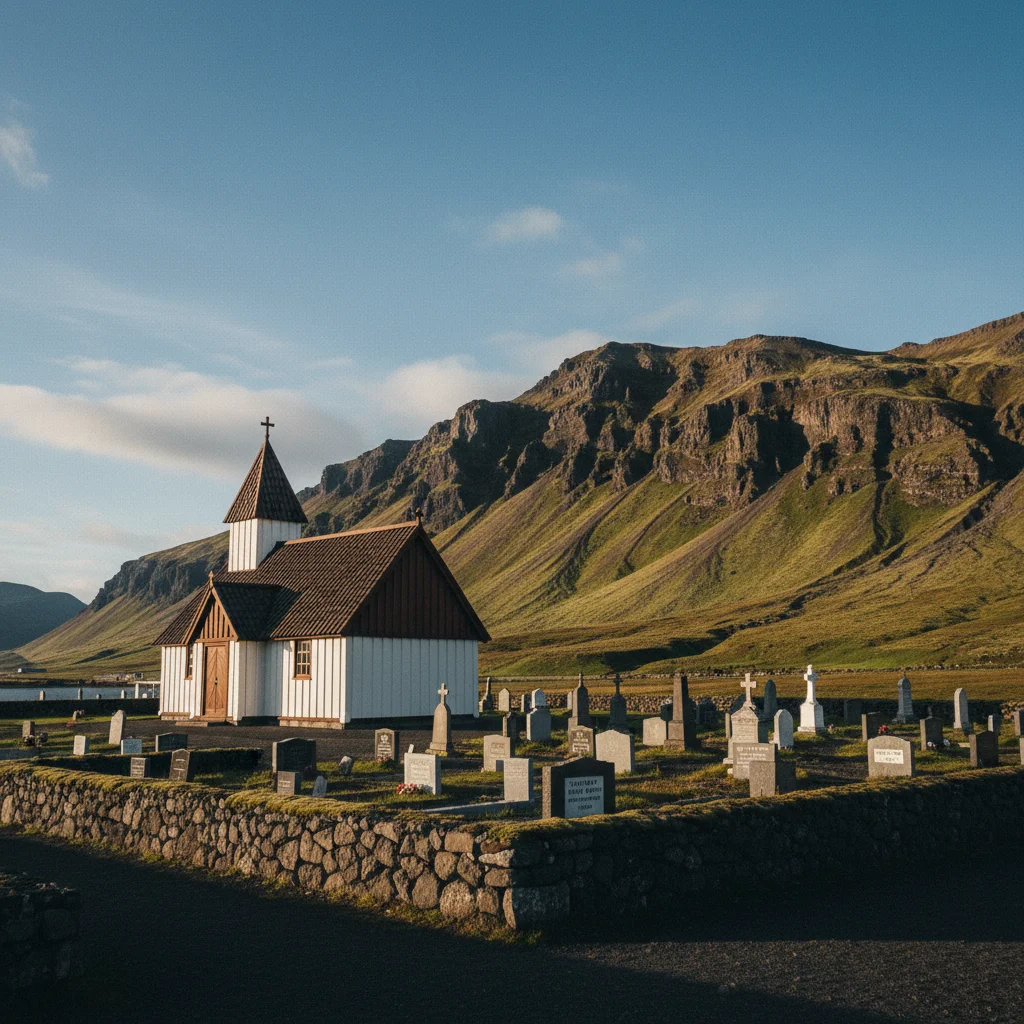 Die kleine Kirche Þingvallakirkja mit Friedhof vor der Bergkulisse des Nationalparks