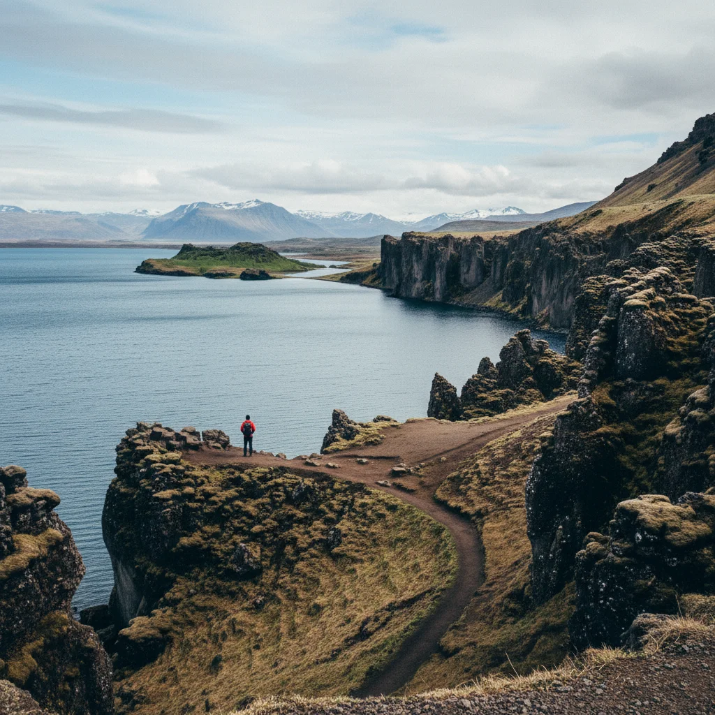 Blick über den Þingvallavatn-See vom Rand der Almannagjá-Schlucht