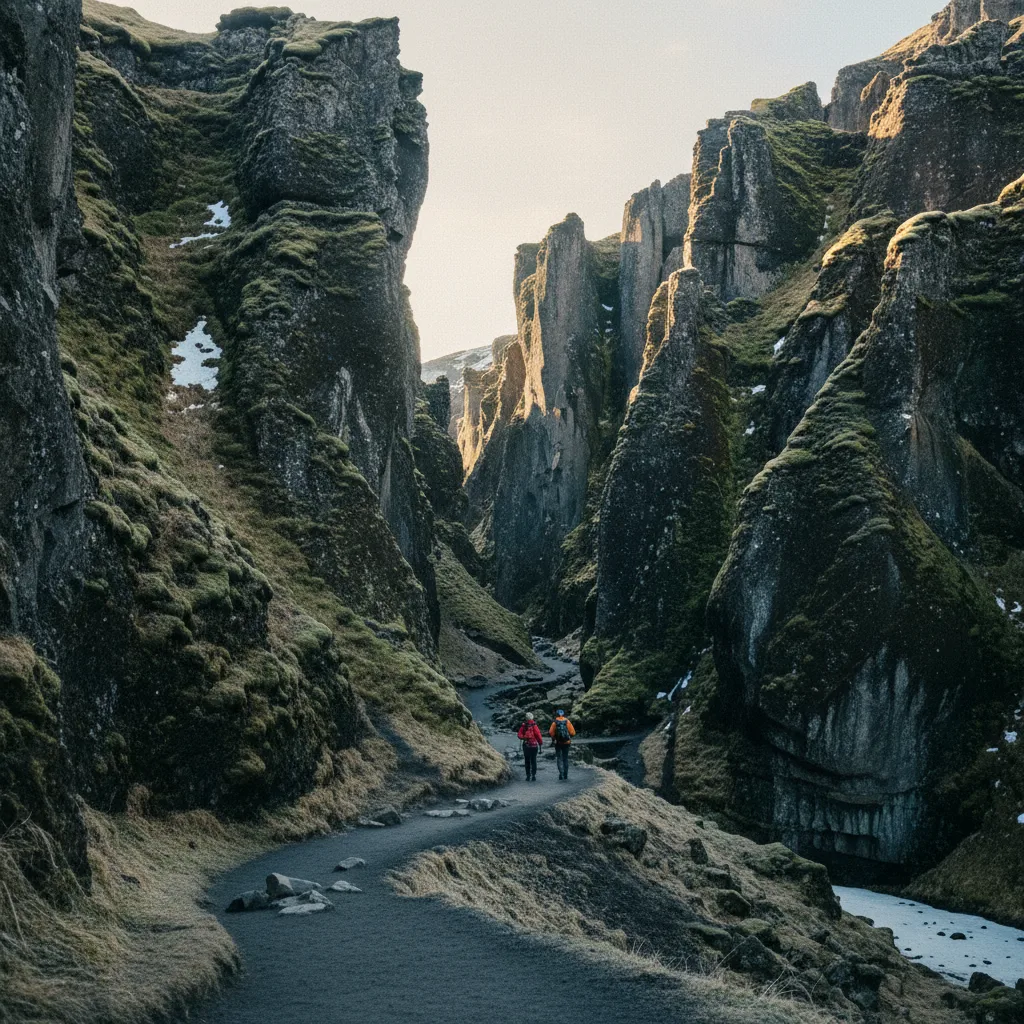 Die Almannagjá-Schlucht in Þingvellir mit Wanderweg zwischen den Felswänden