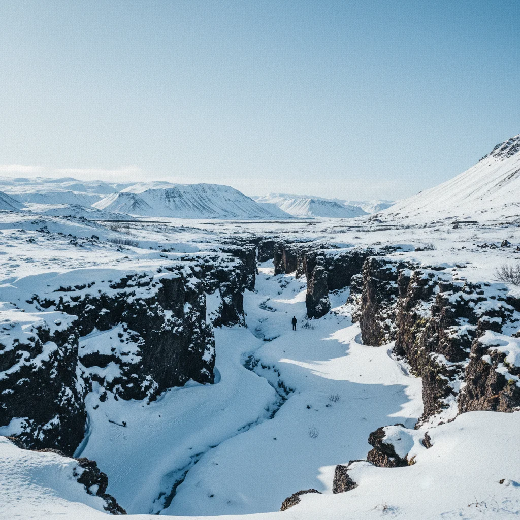 Þingvellir Nationalpark im Winter mit schneebedeckten Felsspalten und klarer Luft