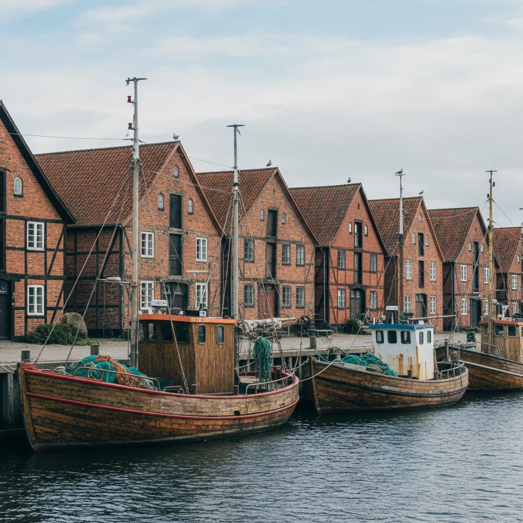 Hafen von Thisted am Limfjord mit Fischerbooten und historischen Lagerhäusern