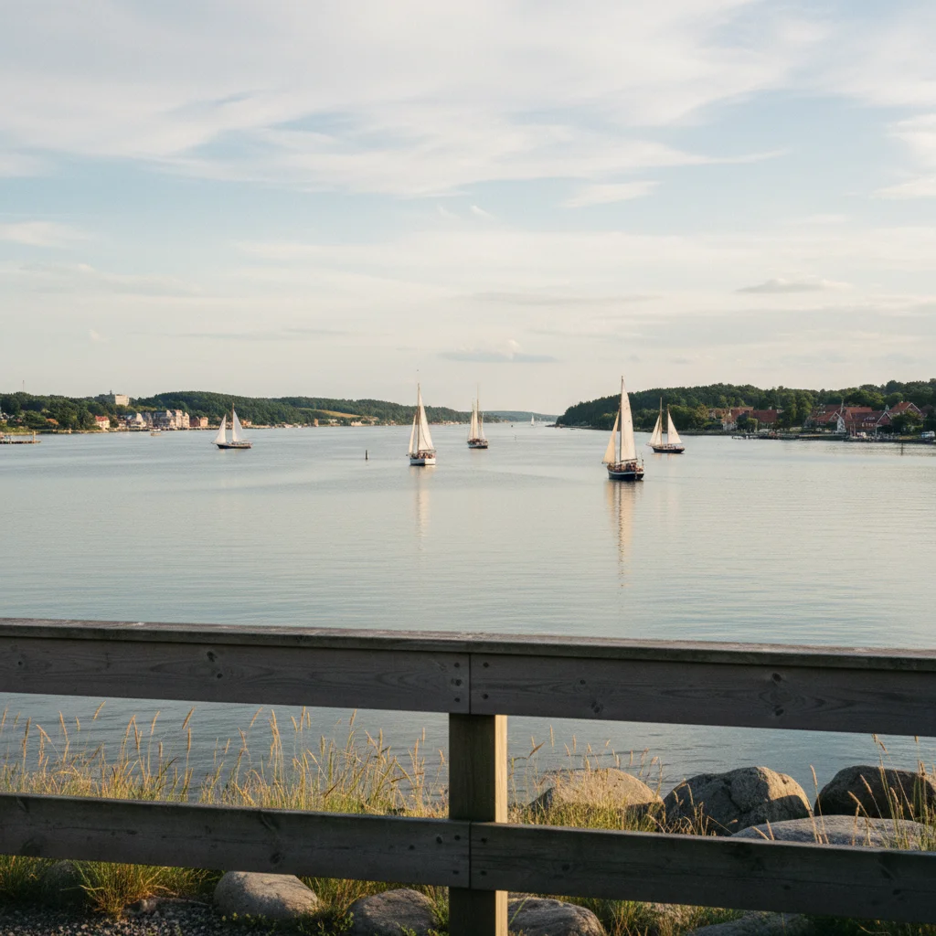 Blick über den Limfjord bei Thisted mit ruhigem Wasser und Segelschiffen
