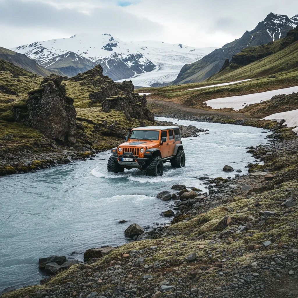 Superjeep durchquert einen Gletscherfluss auf dem Weg nach Þórsmörk