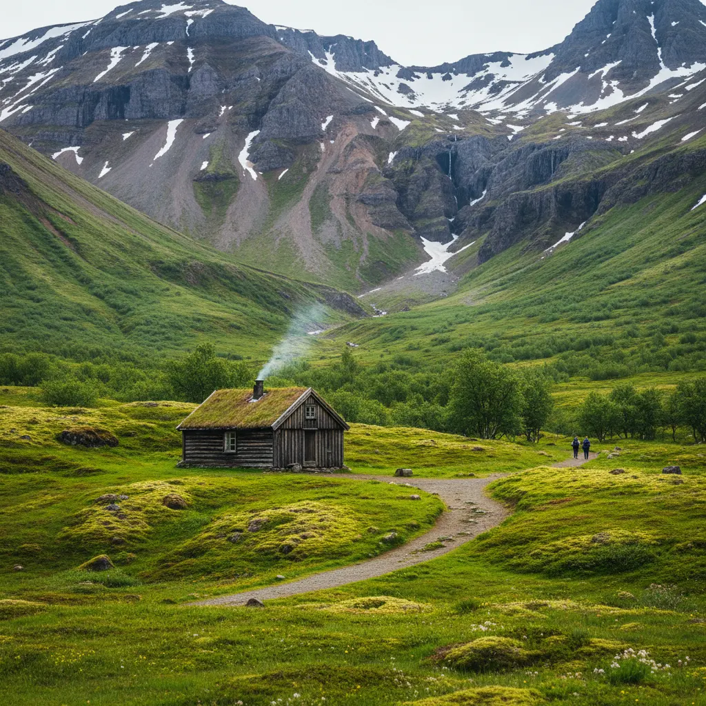Berghütte in Þórsmörk umgeben von grüner Natur und Bergen