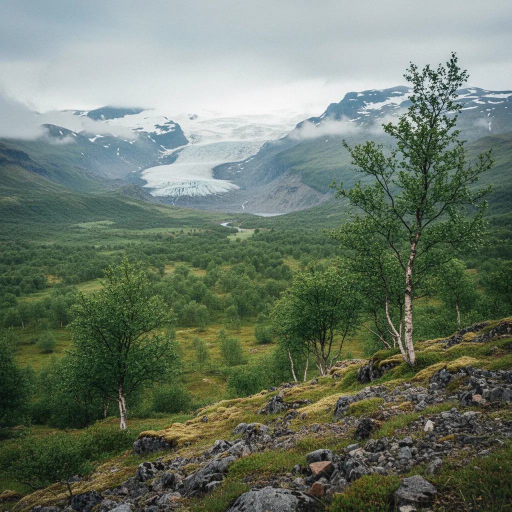 Blick über das grüne Tal Þórsmörk mit Birken und Gletschern im Hintergrund