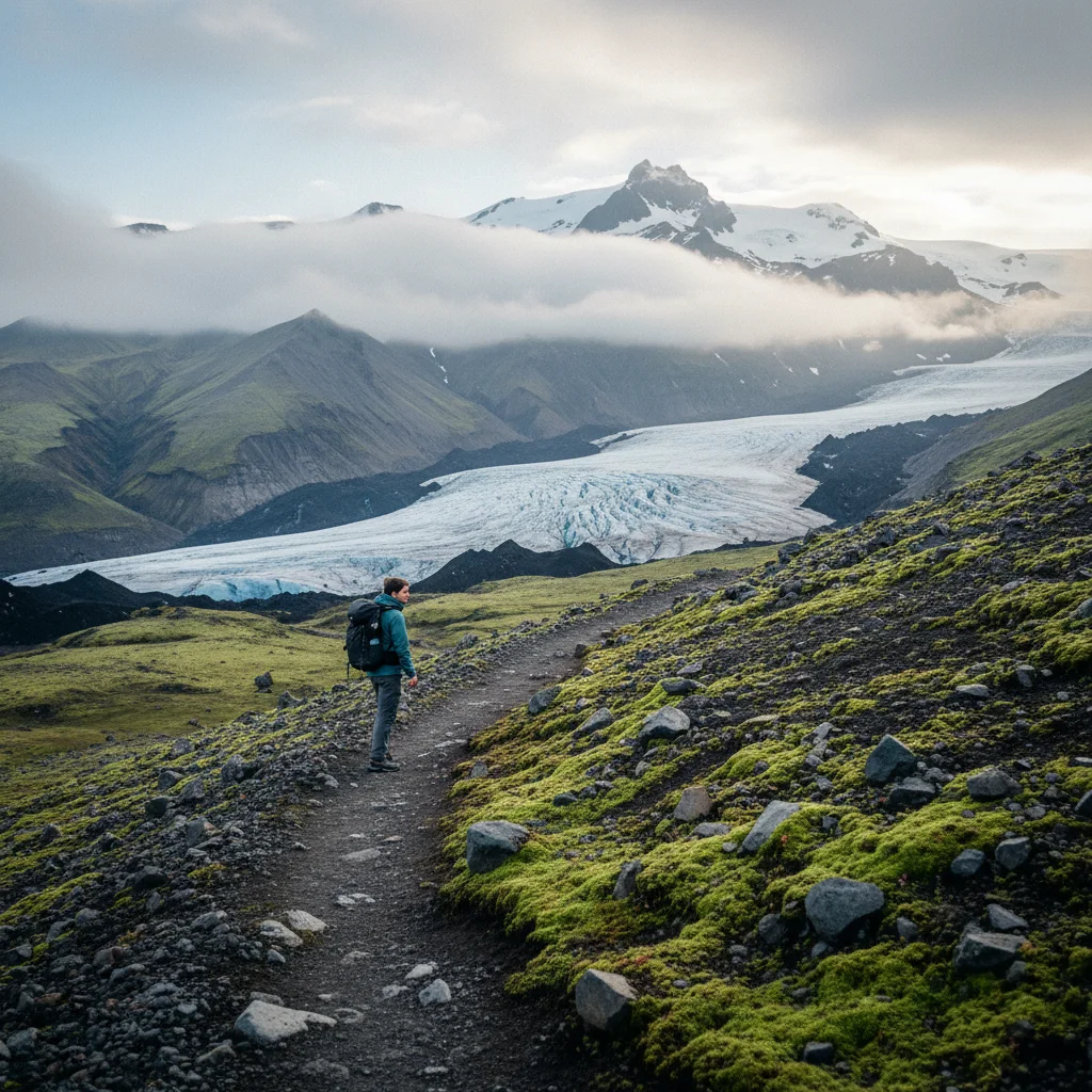 Wanderer auf einem Bergpfad in Þórsmörk mit Blick auf Gletscher