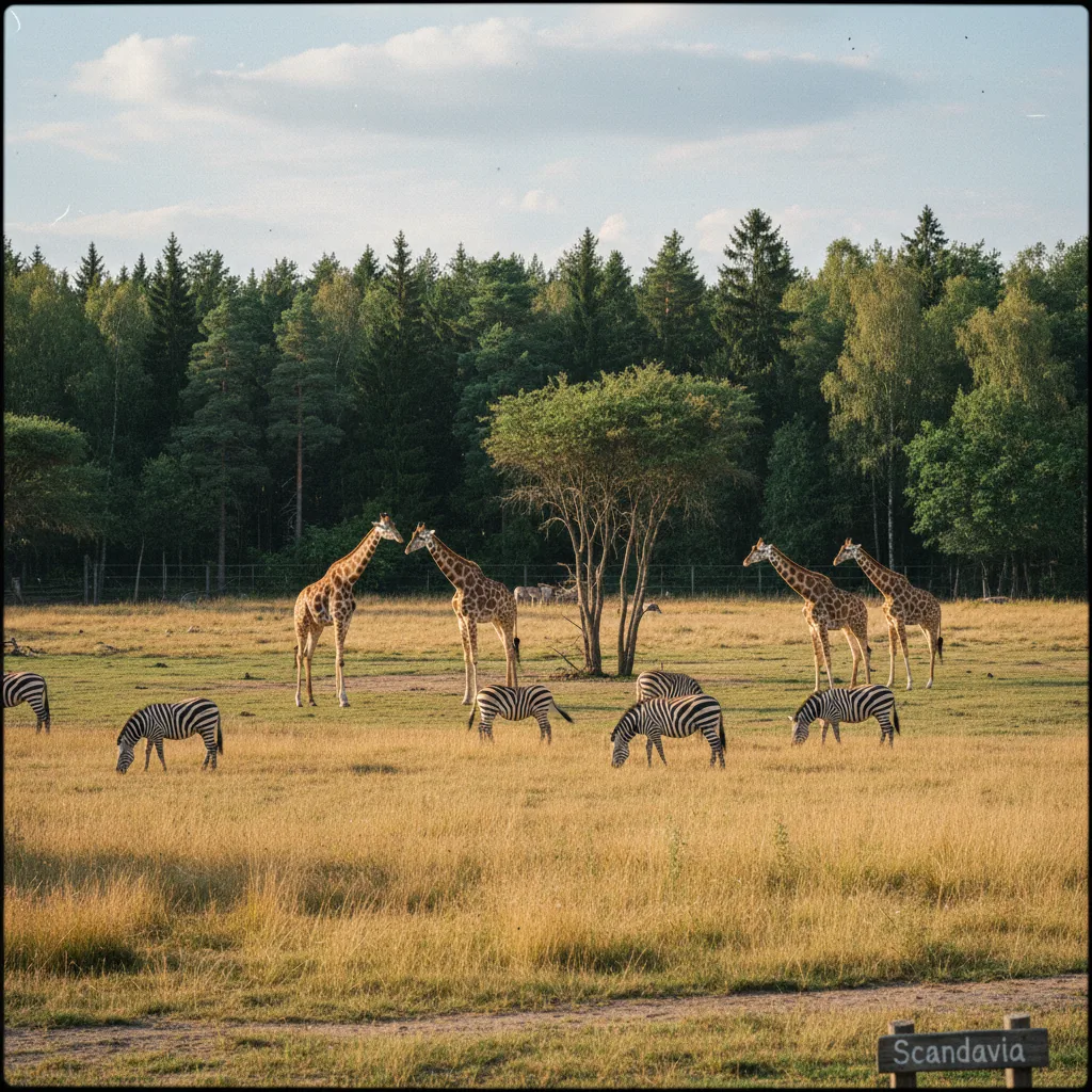 Weitläufige Savannenanlage im Kolmården Wildpark mit Giraffen und Zebras vor Waldkulisse