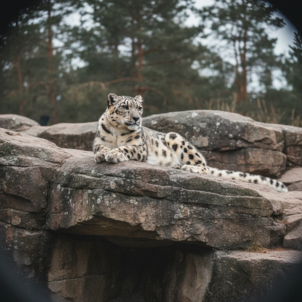 Schneeleopard auf einem Felsen in der naturnahen Anlage von Nordens Ark an der schwedischen Westküste