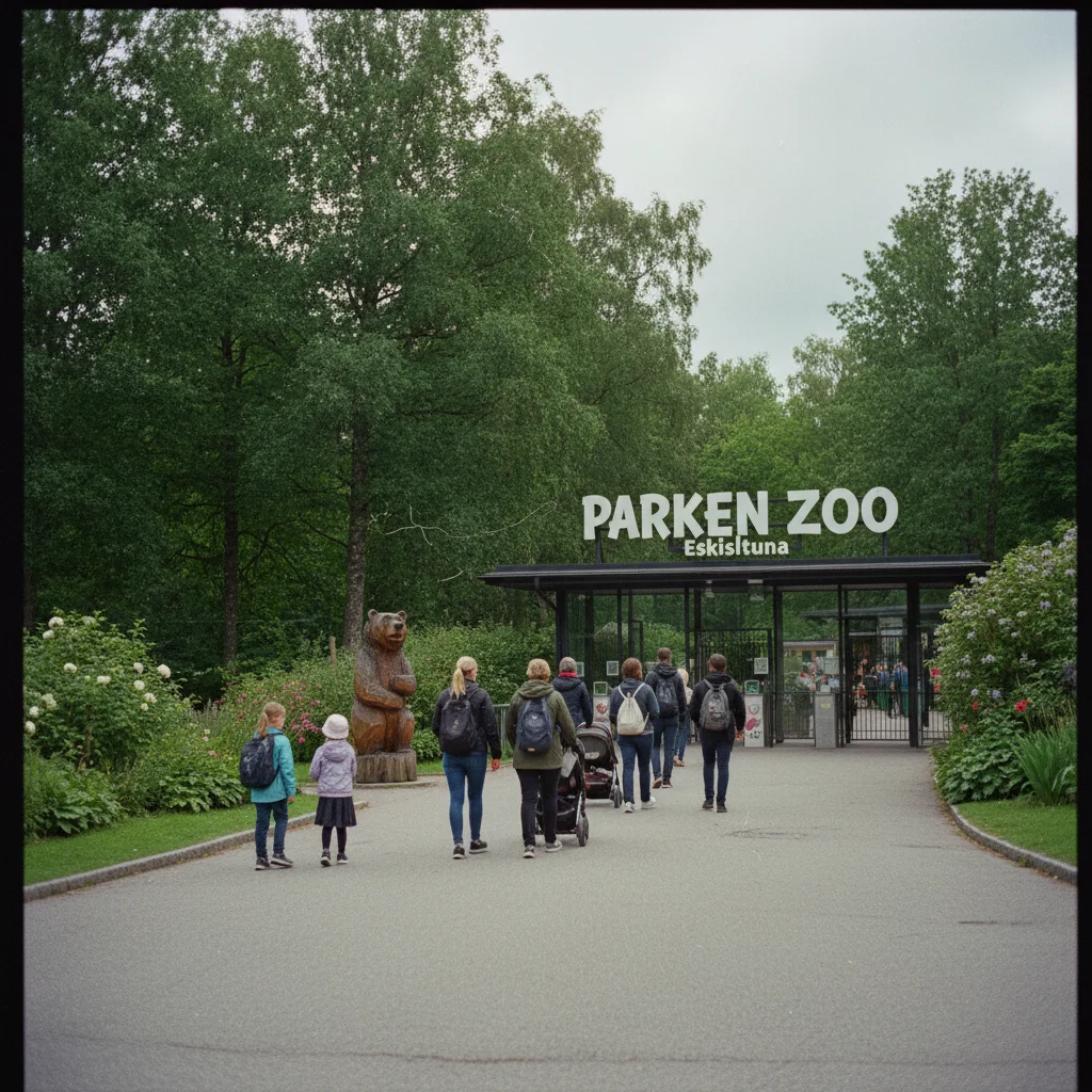 Parken Zoo Eskilstuna Eingangsbereich mit Familien und grüner Parklandschaft