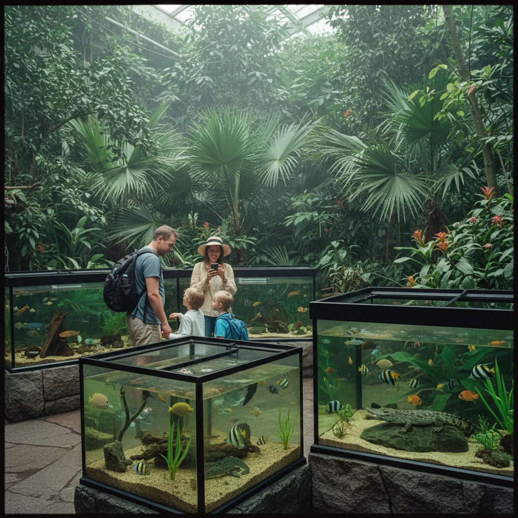 Skansen Aquarium in Stockholm mit tropischem Regenwald-Bereich und Besuchern