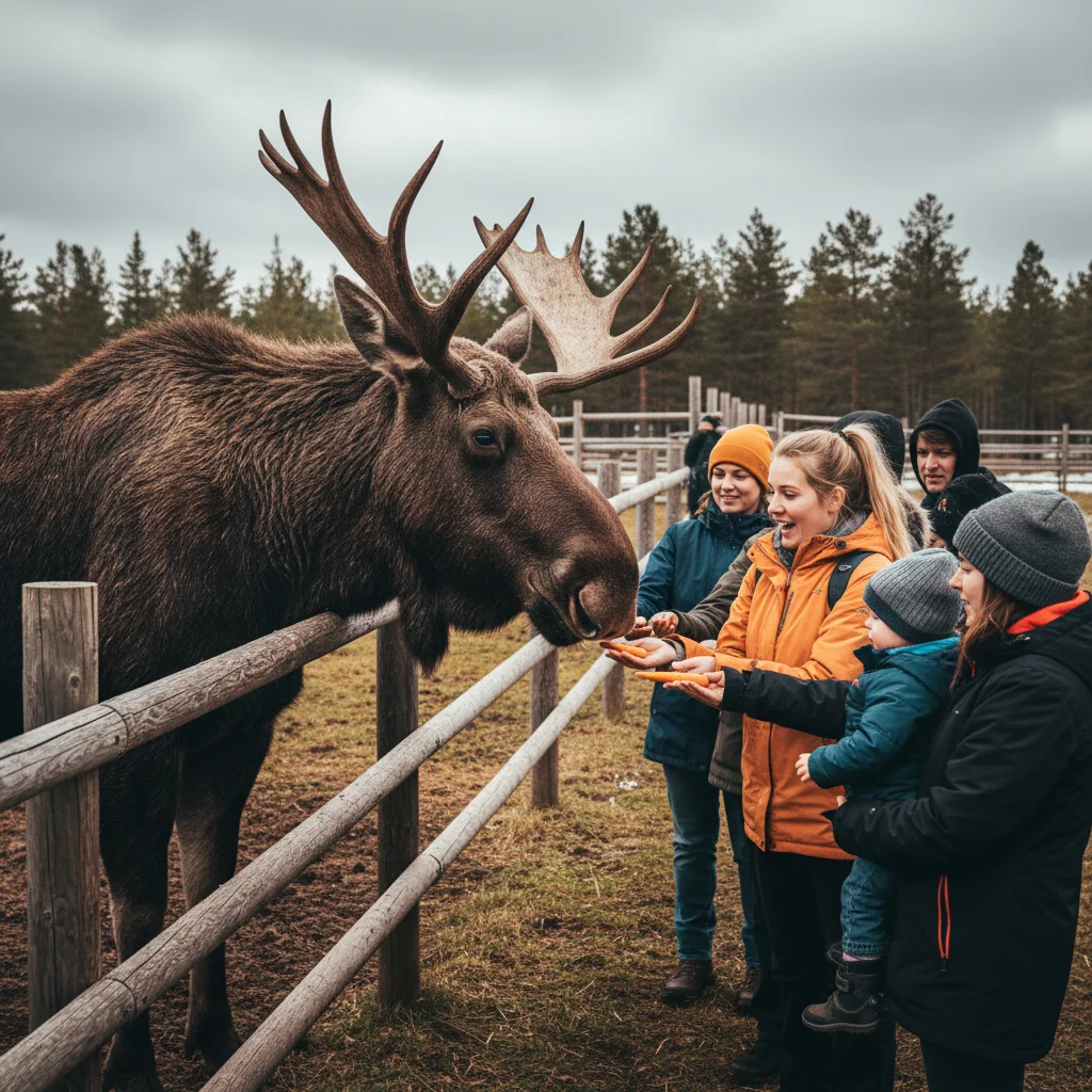 Besucher füttern einen Elch in einem schwedischen Elchpark