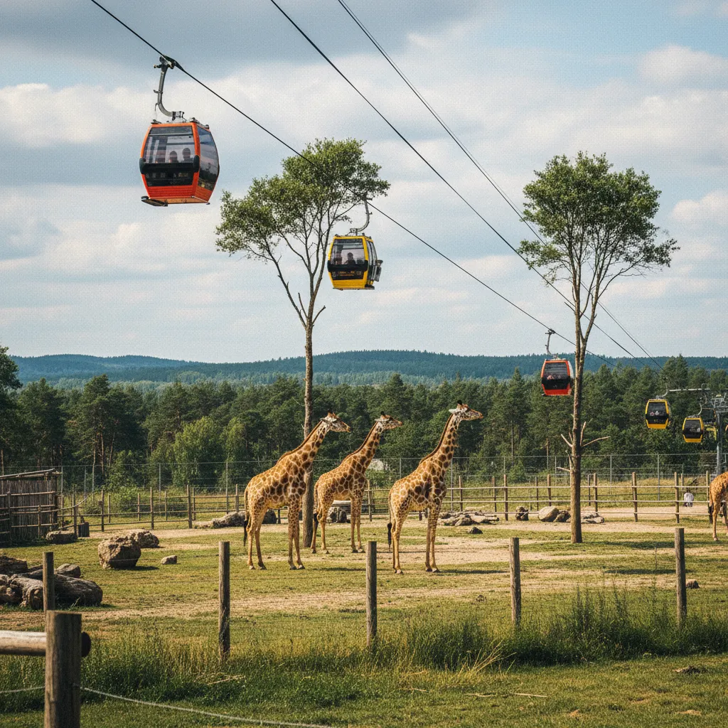 Seilbahn über dem Safarigehege in Kolmården mit Giraffen unter den Gondeln