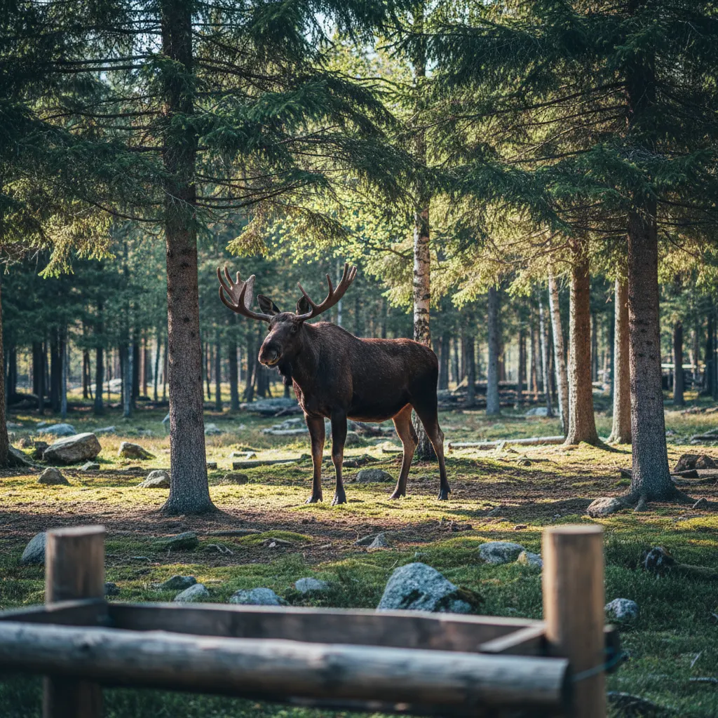 Elch in einem weitläufigen Gehege eines skandinavischen Tierparks im Wald