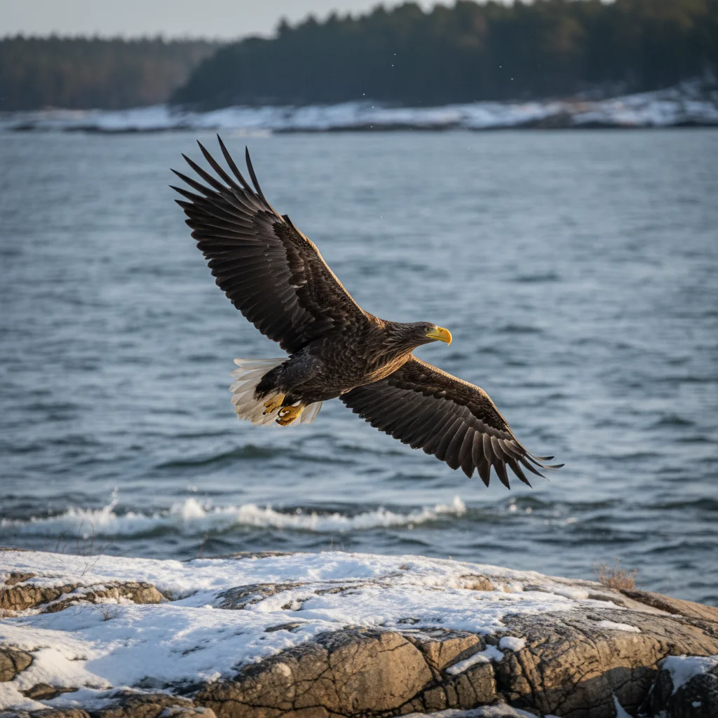 Seeadler im Flug über einem norwegischen Fjord