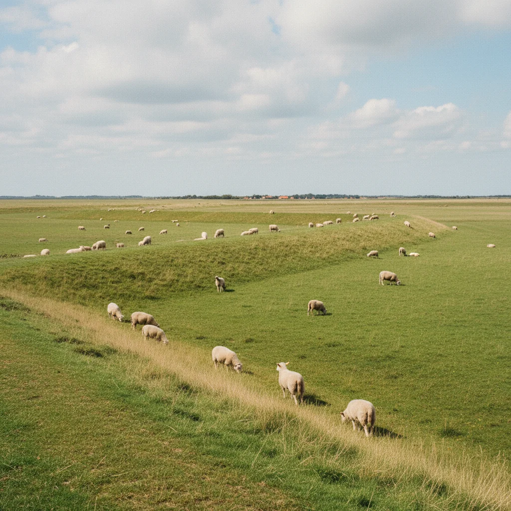 Weite Marschlandschaft bei Tønder mit Schafen und Deichen