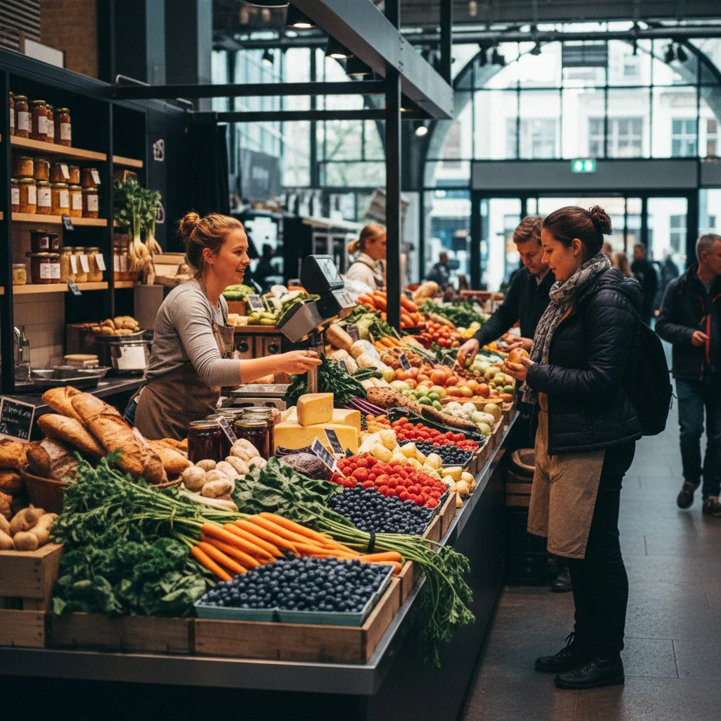 Marktstand in den Torvehallerne mit frischen Produkten
