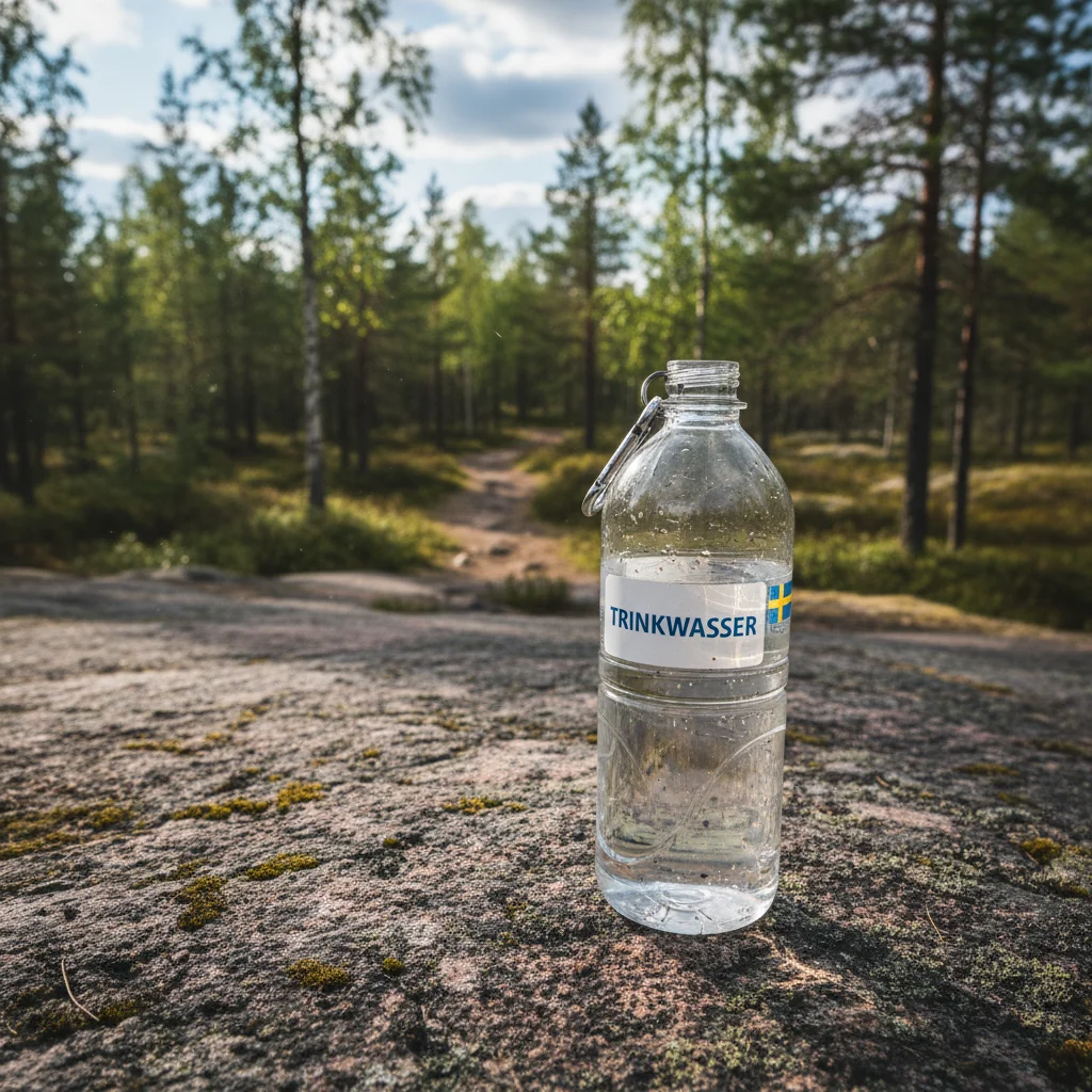 Trinkflasche wird in einem norwegischen Bergbach gefüllt