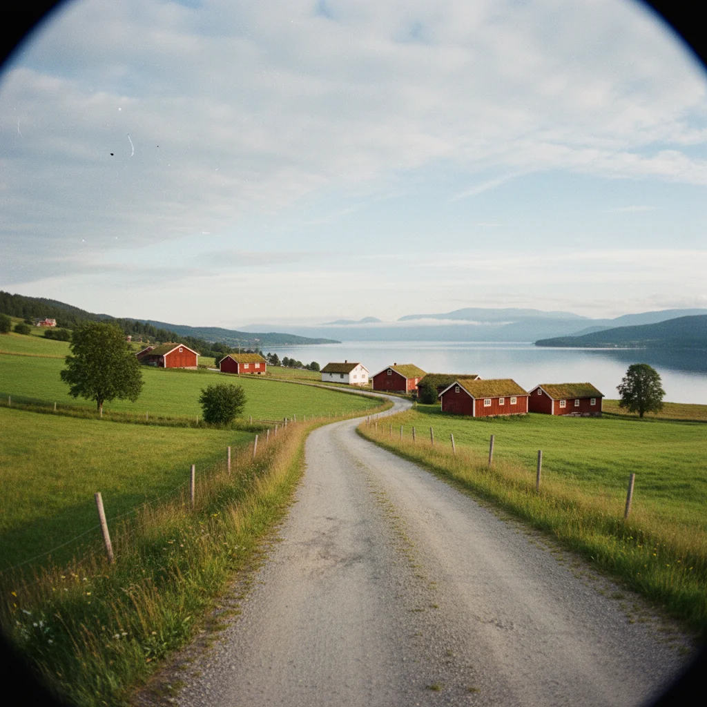 Bauernhof und Landschaft auf der Halbinsel Inderøya am Trondheimfjord