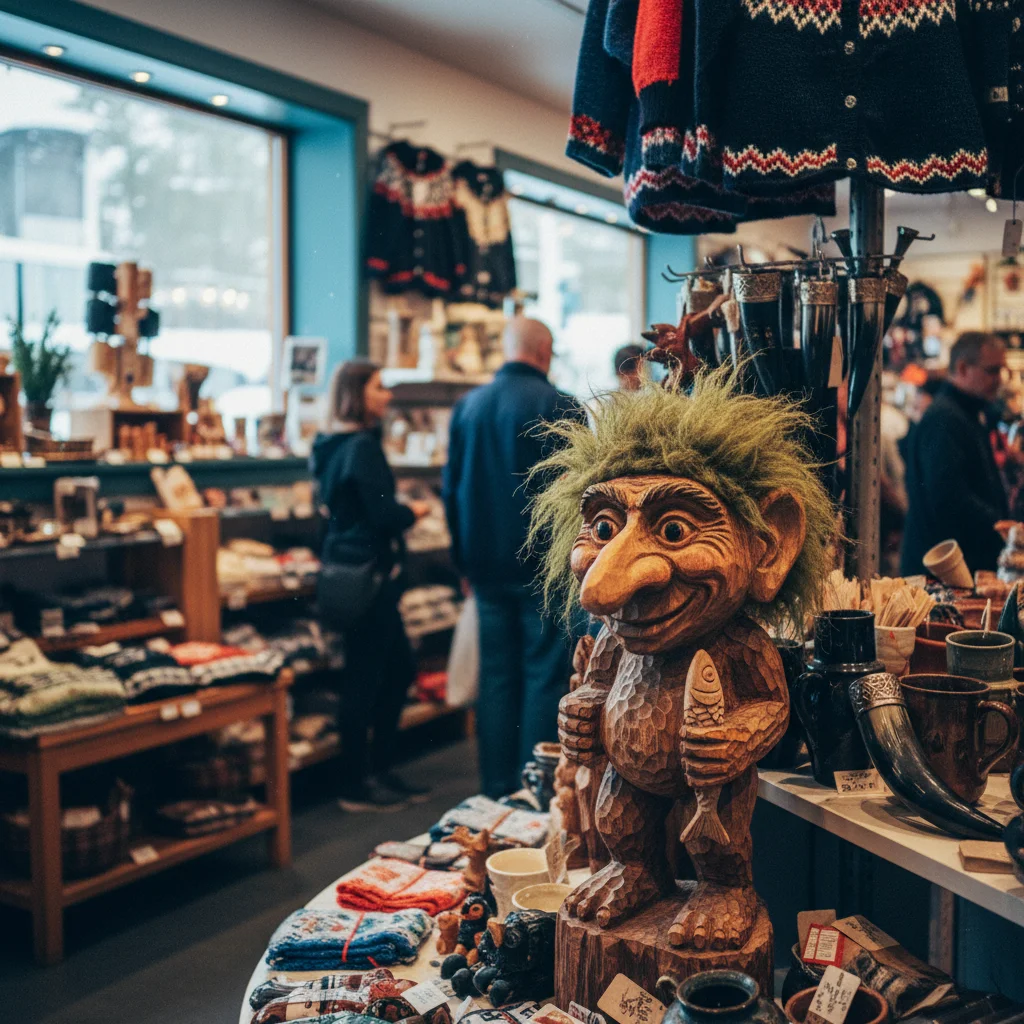 Handgeschnitzte Troll-Figur aus Holz in einem norwegischen Souvenirshop