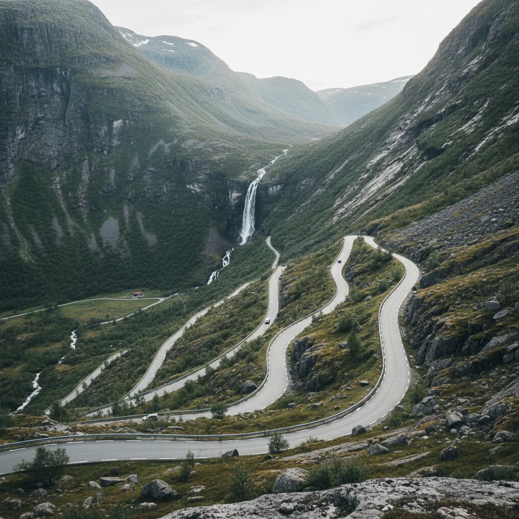 Die Serpentinenstraße Trollstigen in Norwegen von oben