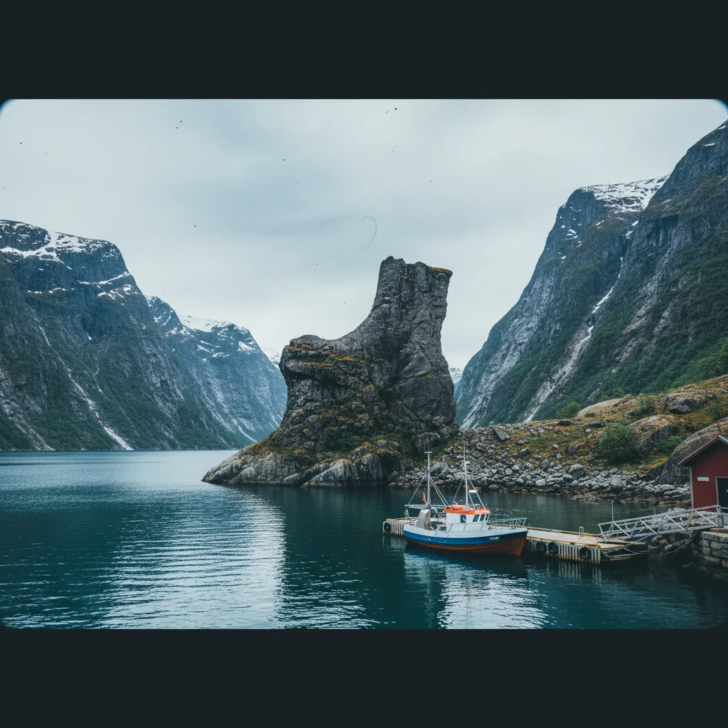 Ein kleines Boot im Trollfjord zwischen steilen Felswänden
