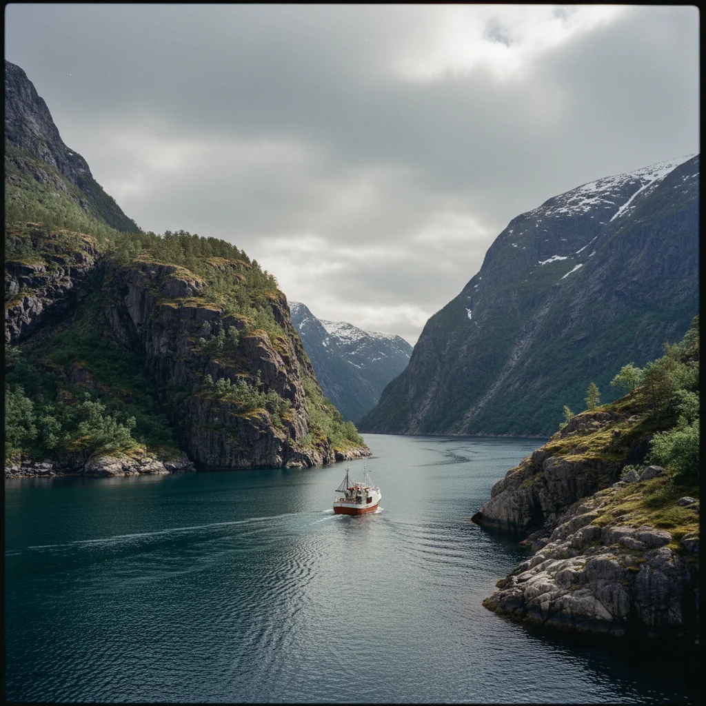 Die enge Einfahrt in den Trollfjord mit steilen Felswänden