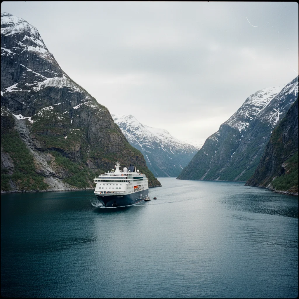 Ein Hurtigruten-Schiff fährt in den Trollfjord ein