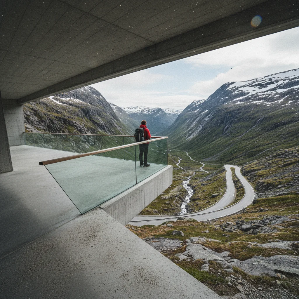 Wanderer mit Panoramablick vom Trollstigen