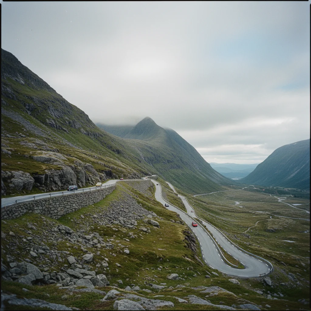 Auto auf dem Trollstigen zwischen Felswänden