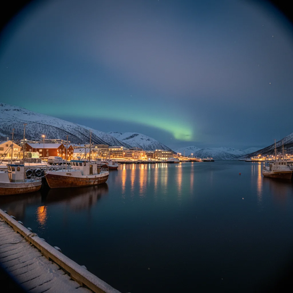 Der Hafen von Tromsø bei Nacht mit Lichtreflexionen im Wasser