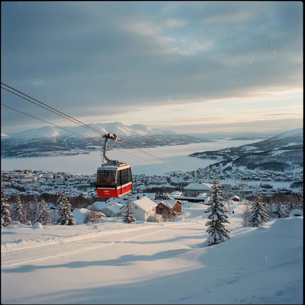 Blick vom Fjellheisen auf Tromsø im Winter bei Schnee
