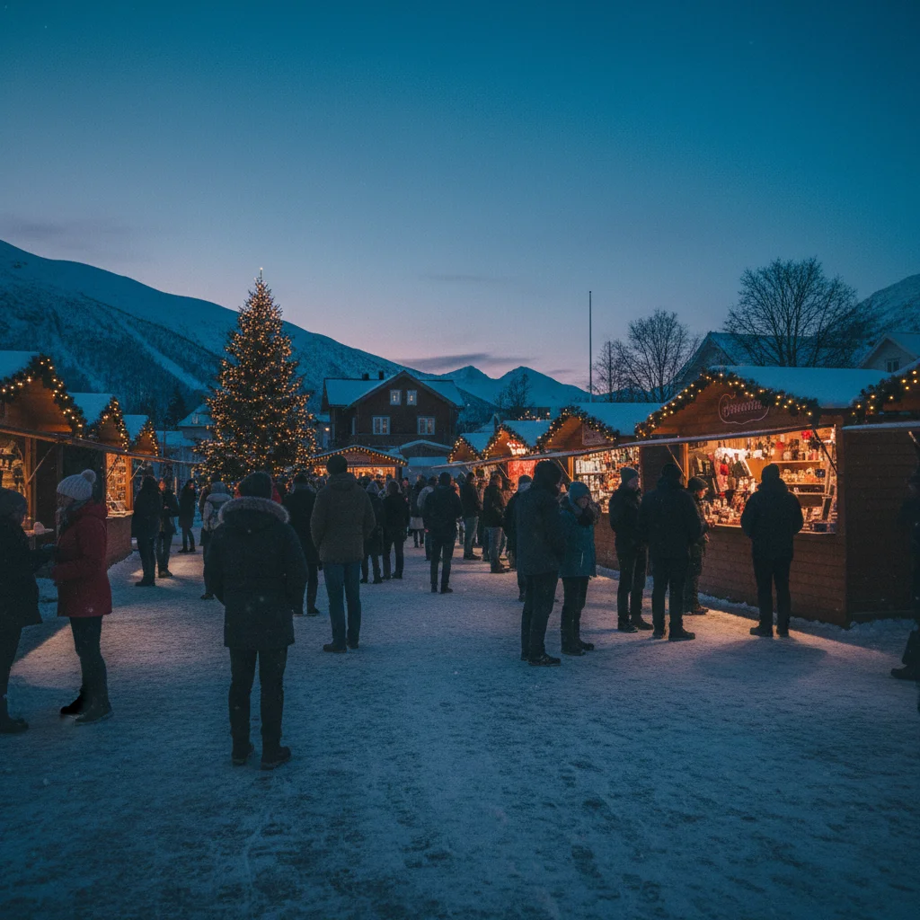Weihnachtsmarkt in Tromsø während der Polarnacht mit blauer Dämmerung