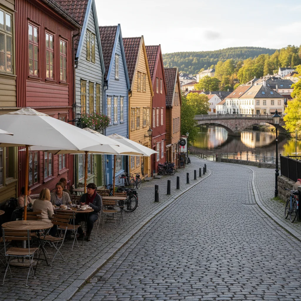 Das bunte Viertel Bakklandet in Trondheim mit Holzhäusern und Kopfsteinpflaster