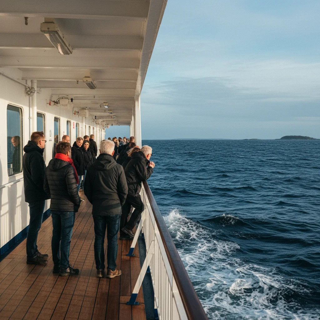 Passagiere auf dem Außendeck einer Fähre mit Blick auf die offene Ostsee