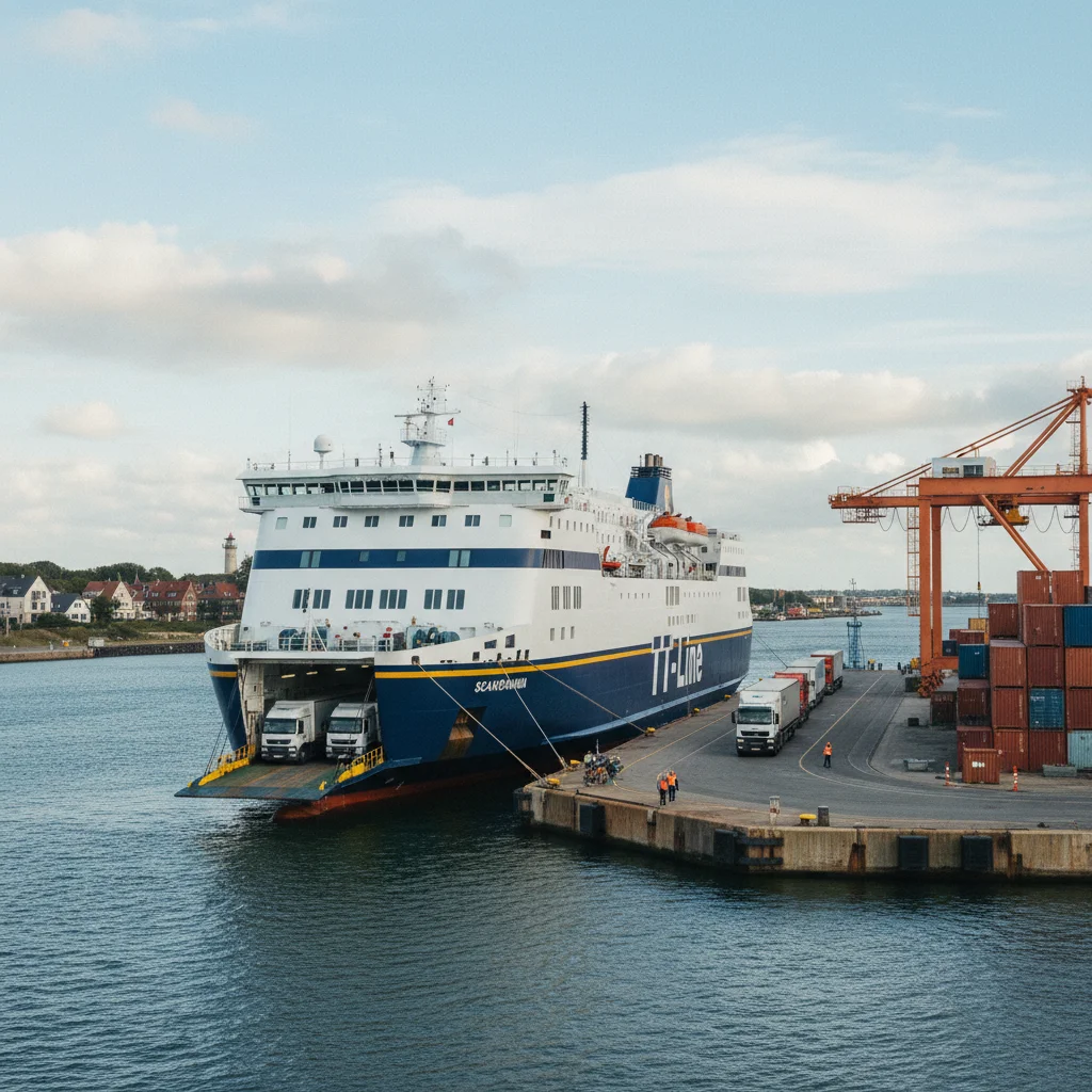TT-Line Fähre im Hafen von Travemünde bei der Beladung