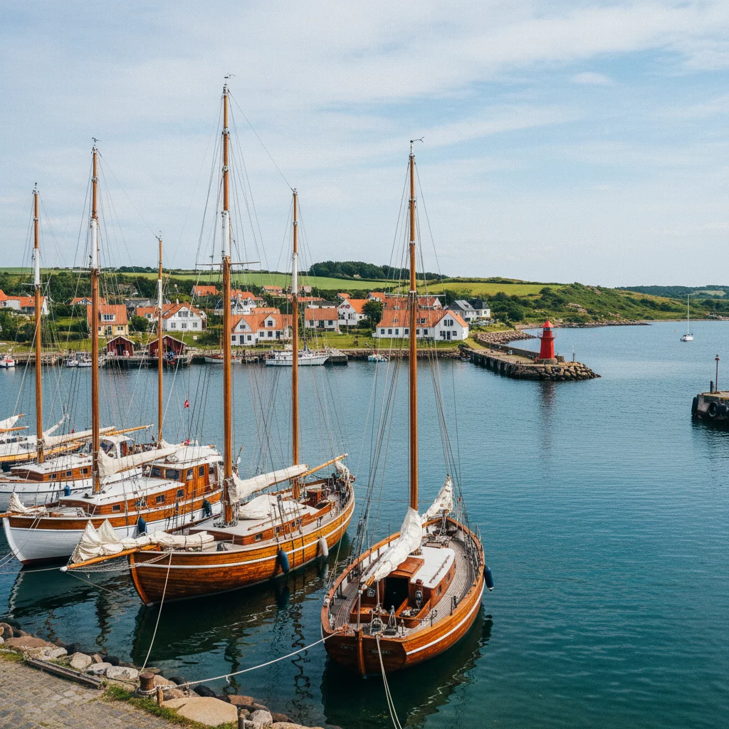 Der Hafen von Tunø mit Segelbooten und dem Dorf im Hintergrund