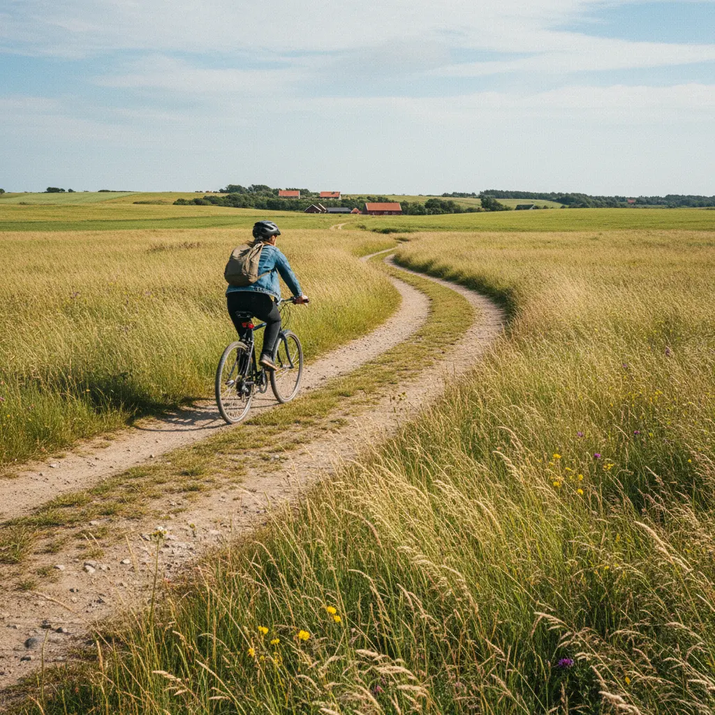 Radfahrer auf einem Feldweg auf der autofreien Insel Tunø