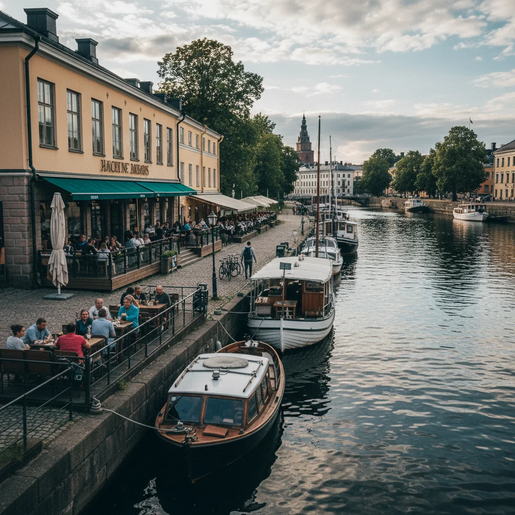 Restaurants und Boote entlang des Aurajoki-Flusses in Turku, Finnland