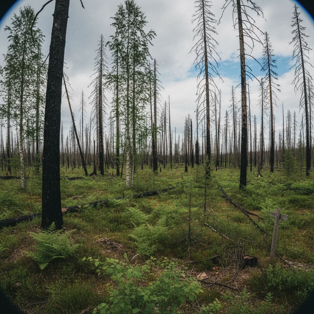 Nachwachsender Wald auf der Brandfläche im Tyresta Naturreservat mit abgestorbenen Baumstämmen und jungem Grün