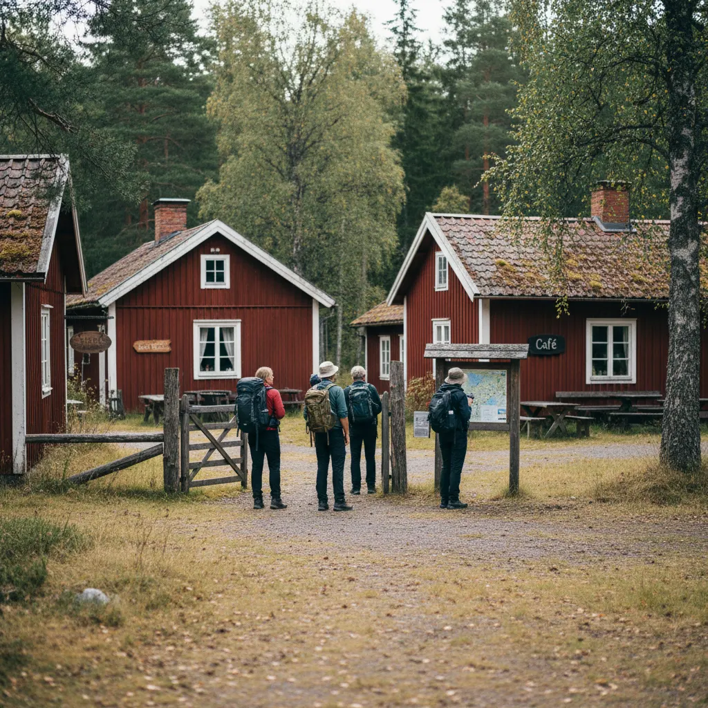 Rote Holzhäuser im historischen Dorf Tyresta by mit grünen Wiesen und Steinmauern