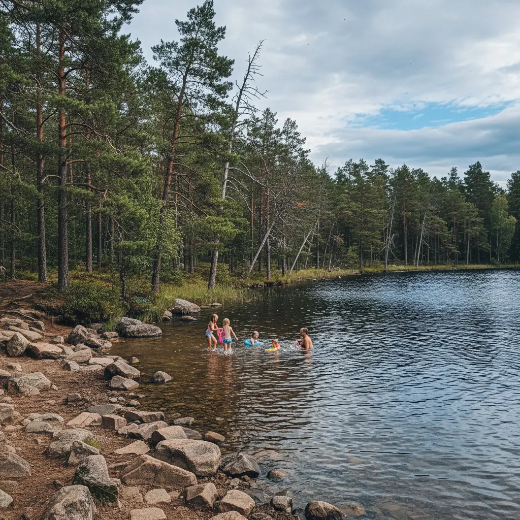 Klarer Waldsee im Tyresta Nationalpark mit Felsen am Ufer und Kiefern im Hintergrund