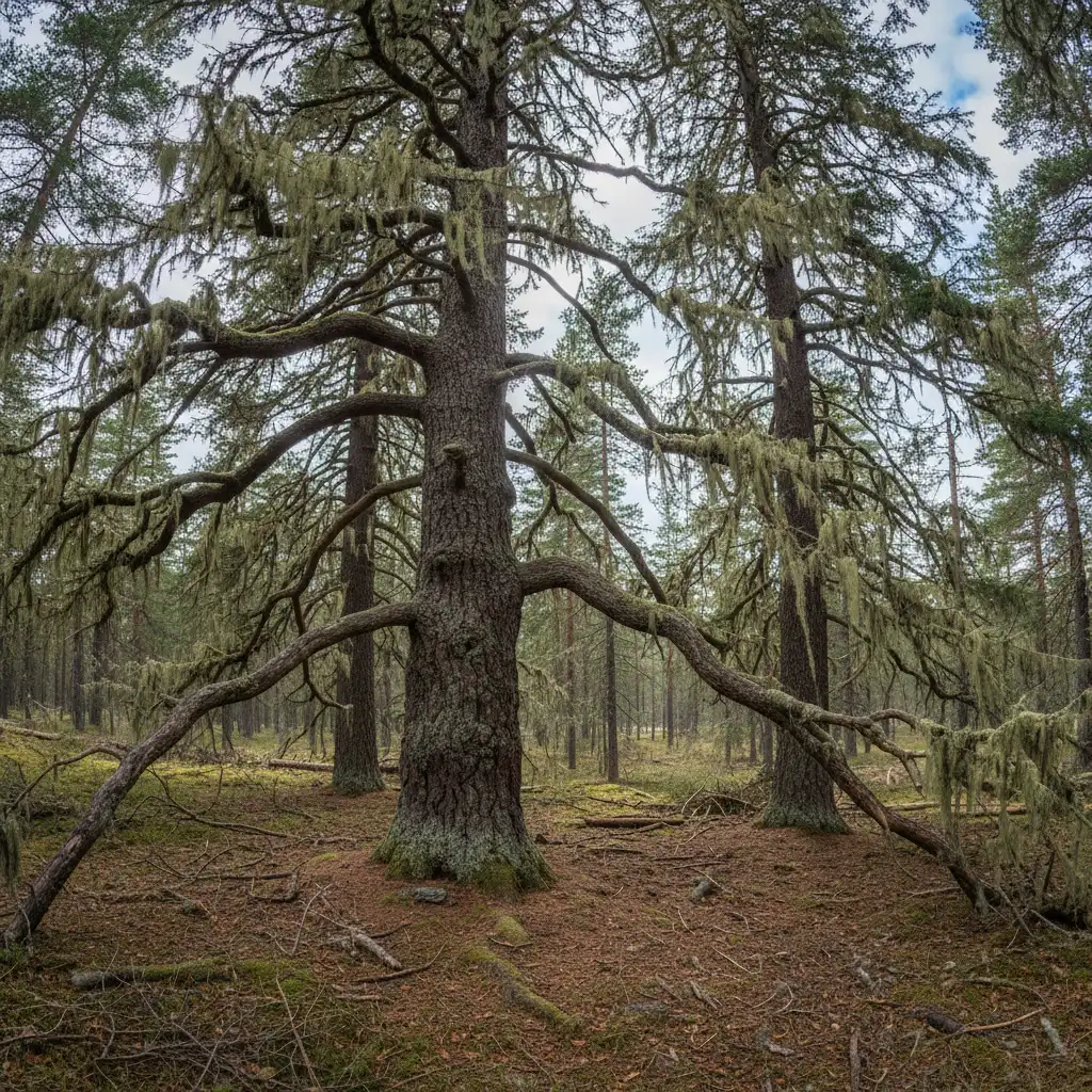 Jahrhundertealte knorrige Kiefern im Urwald des Tyresta Nationalparks mit Flechten und Totholz am Boden