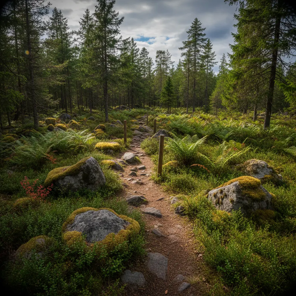 Schmaler Wanderweg durch den dichten Wald im Tyresta Nationalpark mit Felsen und Wurzeln