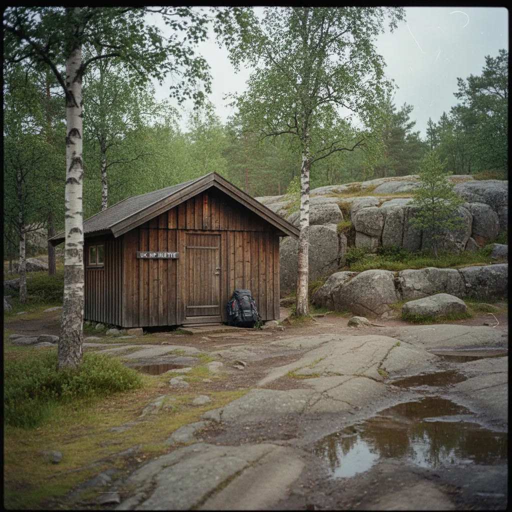 Traditionelle Wildnishütte aus Holz im verschneiten Fjäll des Urho-Kekkonen Parks